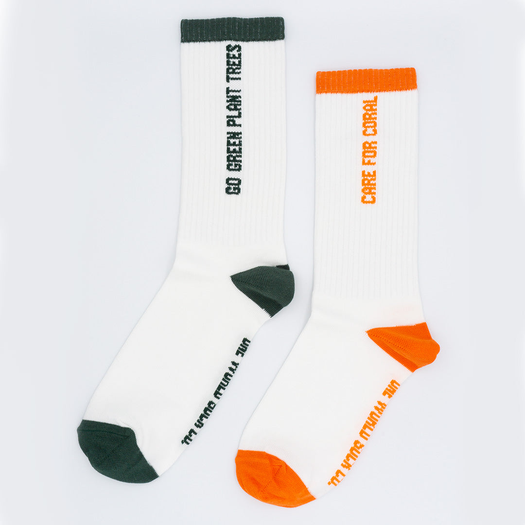 Orange & White Recycled cotton Sports Crew Socks. Socks website. socks online Store. Mens socks. Sustainable clothing for him. Socks made from Recycled cotton. Colourful Socks for Girls. Colourful Socks for Men. Colourful Socks for women. Colourful Socks for boys. Sustainable product. Sustainable socks. Gift ideas for women. Gift Ideas for Men. Gifts for music lovers. Gifts for musicians.