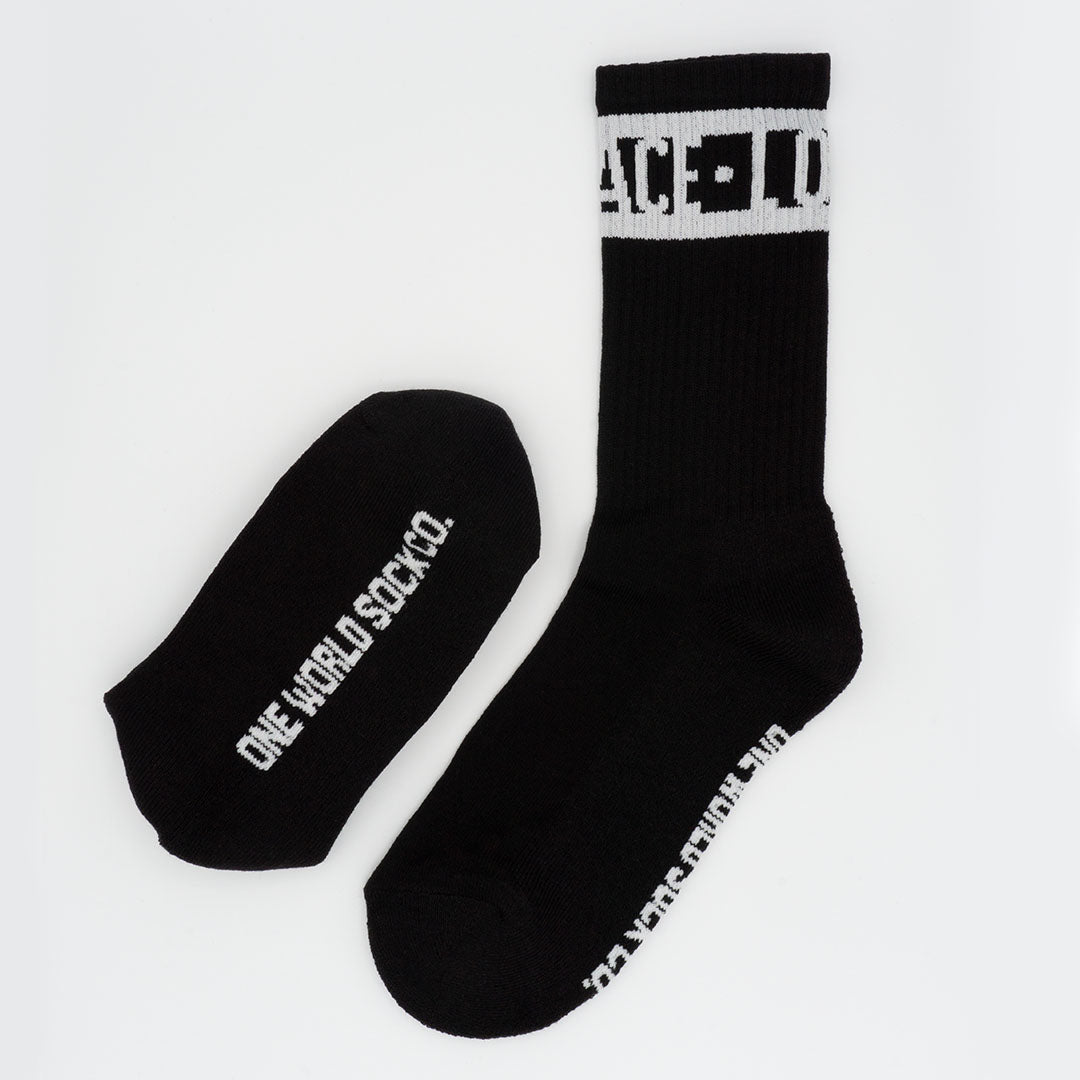 Black Recycled cotton Sports Crew Socks. Socks website. socks online Store. Mens socks. Sustainable clothing for him. Socks made from Recycled cotton. Colourful Socks for Girls. Colourful Socks for Men. Colourful Socks for women. Colourful Socks for boys.  Sustainable product. Sustainable socks. Gift ideas for women. Gift Ideas for Men. Gifts for music lovers. Gifts for musicians.