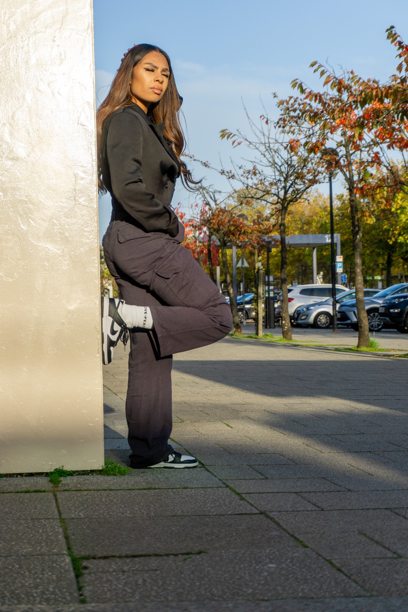 Girl wearing White & Black Recycled Cotton sports Crew Socks wtyled with Zara Cargos & Zara Cropped Blazer & Nike Dunk Lows outside of MK Shopping Centre. Milton Keynes Shopping Centre. Milton Keynes Snowdome. Milton Keynes Shopping Centre Parking.