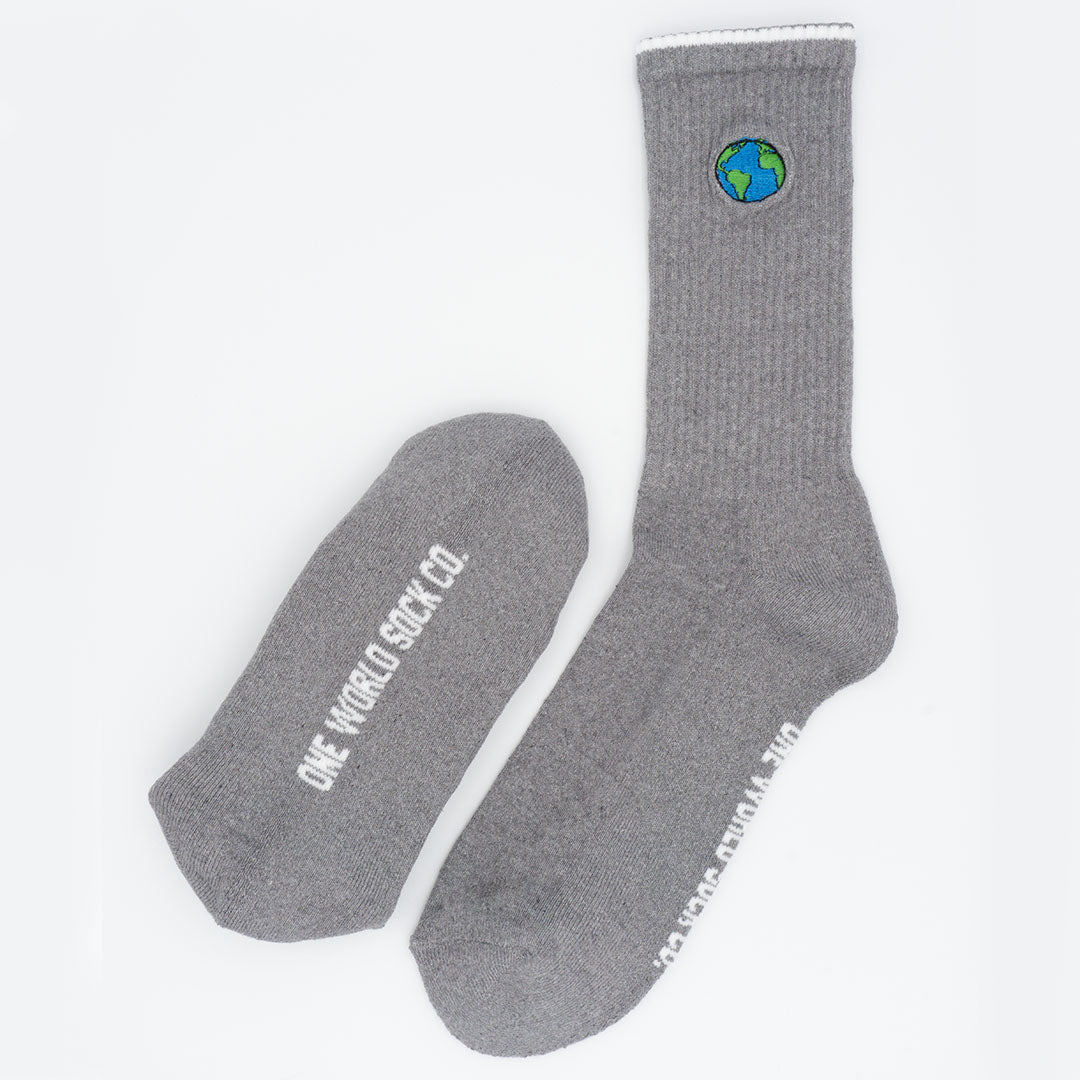 Grey Recycled cotton Sports Crew Socks. Socks website. socks online Store. Mens socks. Sustainable clothing for him. Socks made from Recycled cotton. Colourful Socks for Girls. Colourful Socks for Men. Colourful Socks for women. Colourful Socks for boys.  Sustainable product. Sustainable socks. Gift ideas for women. Gift Ideas for Men. Gifts for music lovers. Gifts for musicians.