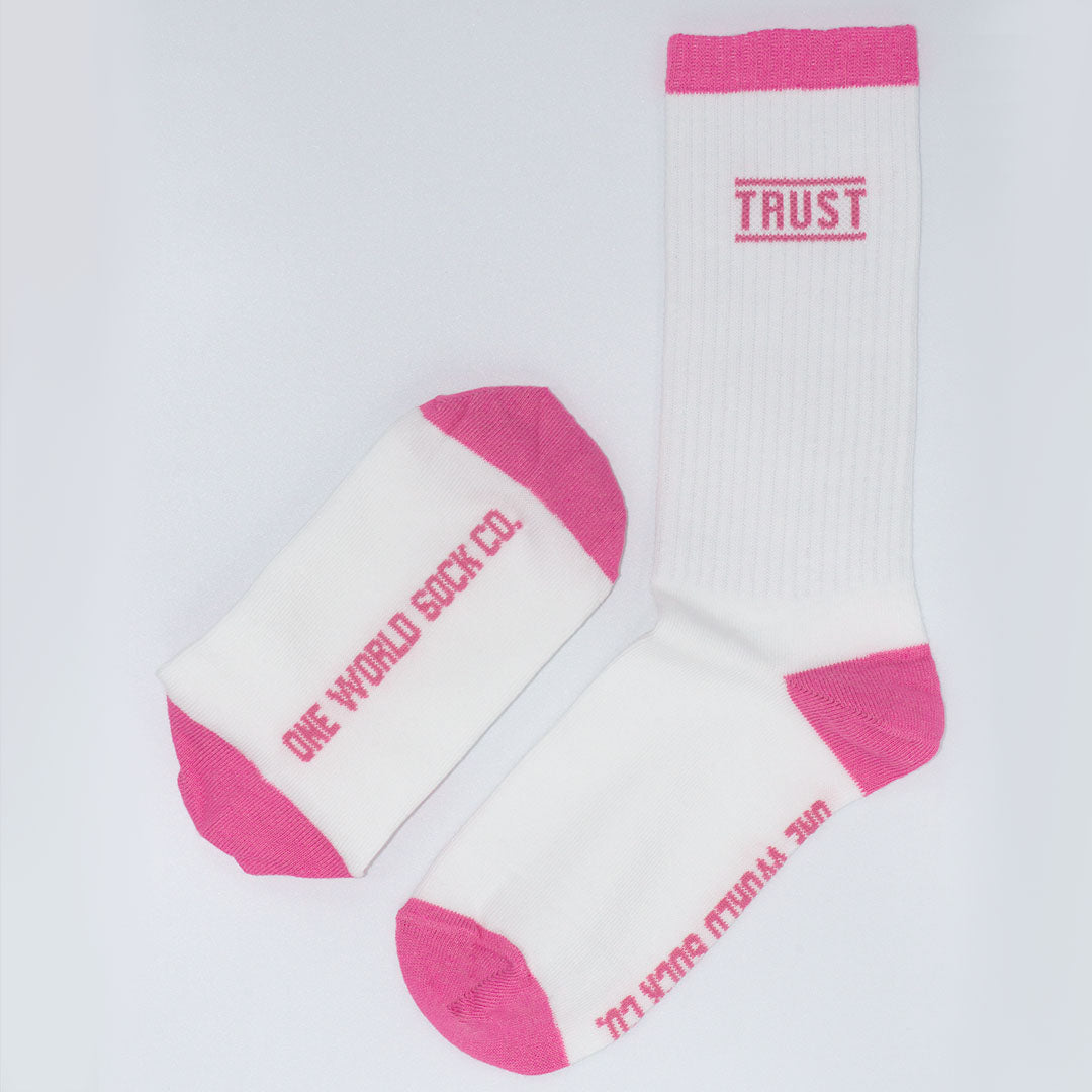  Pink & White Recycled cotton Sports Crew Socks. Socks website. socks online Store. Mens socks. Sustainable clothing for him. Socks made from Recycled cotton. Colourful Socks for Girls. Colourful Socks for Men. Colourful Socks for women. Colourful Socks for boys. Sustainable product. Sustainable socks. Gift ideas for women. Gift Ideas for Men. Gifts for music lovers. Gifts for musicians.