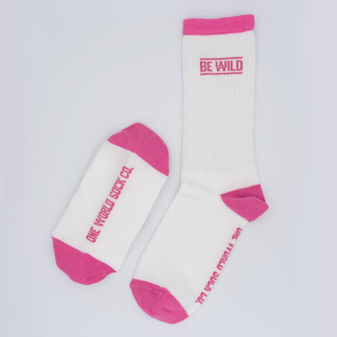 Pink & White Recycled Cotton Sports Crew Socks. Socks website. socks online Store. Mens socks. Sustainable clothing for him. Socks made from Recycled cotton. Colourful Socks for Girls. Colourful Socks for Men. Colourful Socks for women. Colourful Socks for boys.  Sustainable product. Sustainable socks. Gift ideas for women. Gift Ideas for Men. Gifts for music lovers. Gifts for musicians.