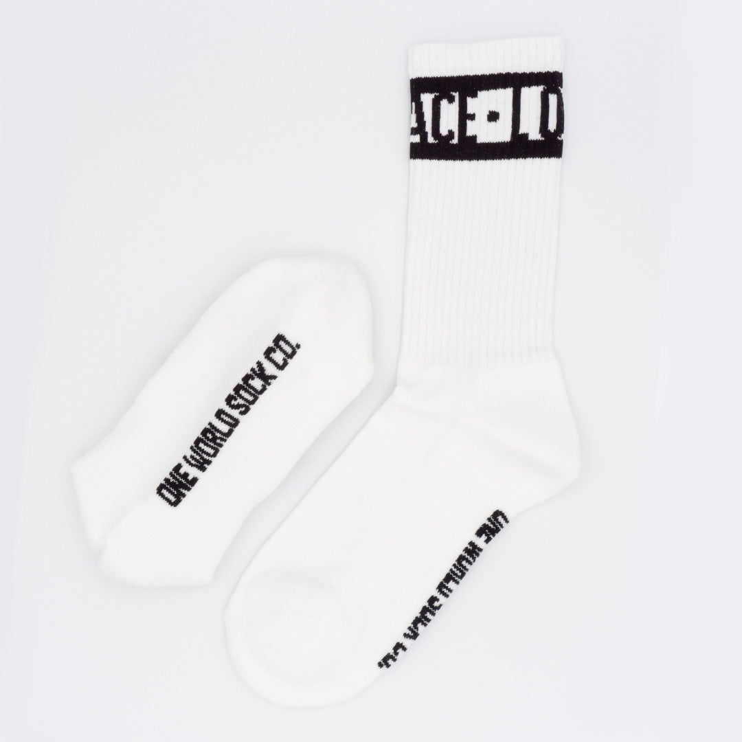 White Recycled cotton Sports Crew Socks. Socks website. socks online Store. Mens socks. Sustainable clothing for him. Socks made from Recycled cotton. Colourful Socks for Girls. Colourful Socks for Men. Colourful Socks for women. Colourful Socks for boys.  Sustainable product. Sustainable socks. Gift ideas for women. Gift Ideas for Men. Gifts for music lovers. Gifts for musicians.